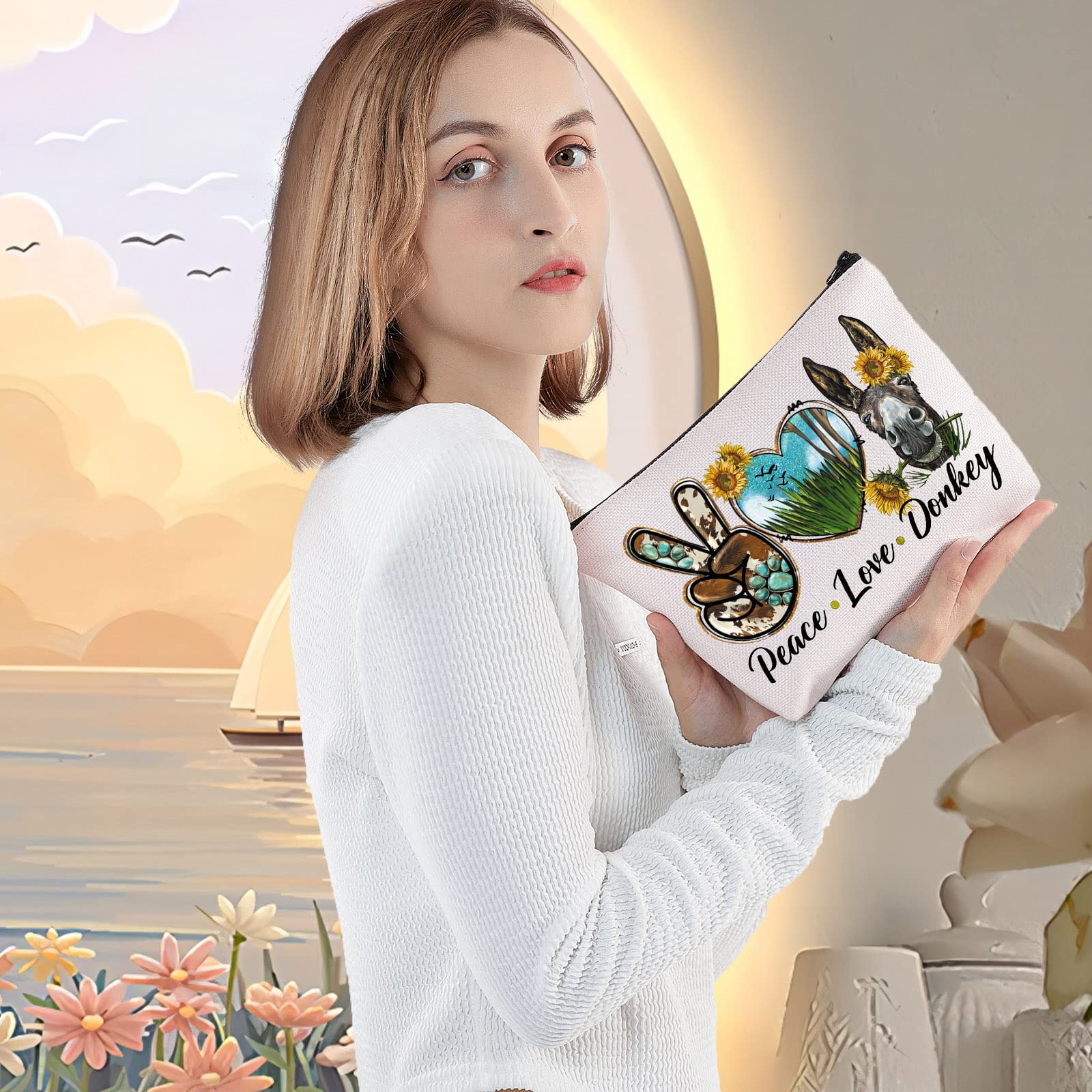 LEVLO Funny Donkey with Sunflower Cosmetic Makeup Bag - Cute Zipper Pouch for Donkey Lovers - Perfect Gift for Makeup Storage & Travel Accessories (Peace Love Donkey Theme)