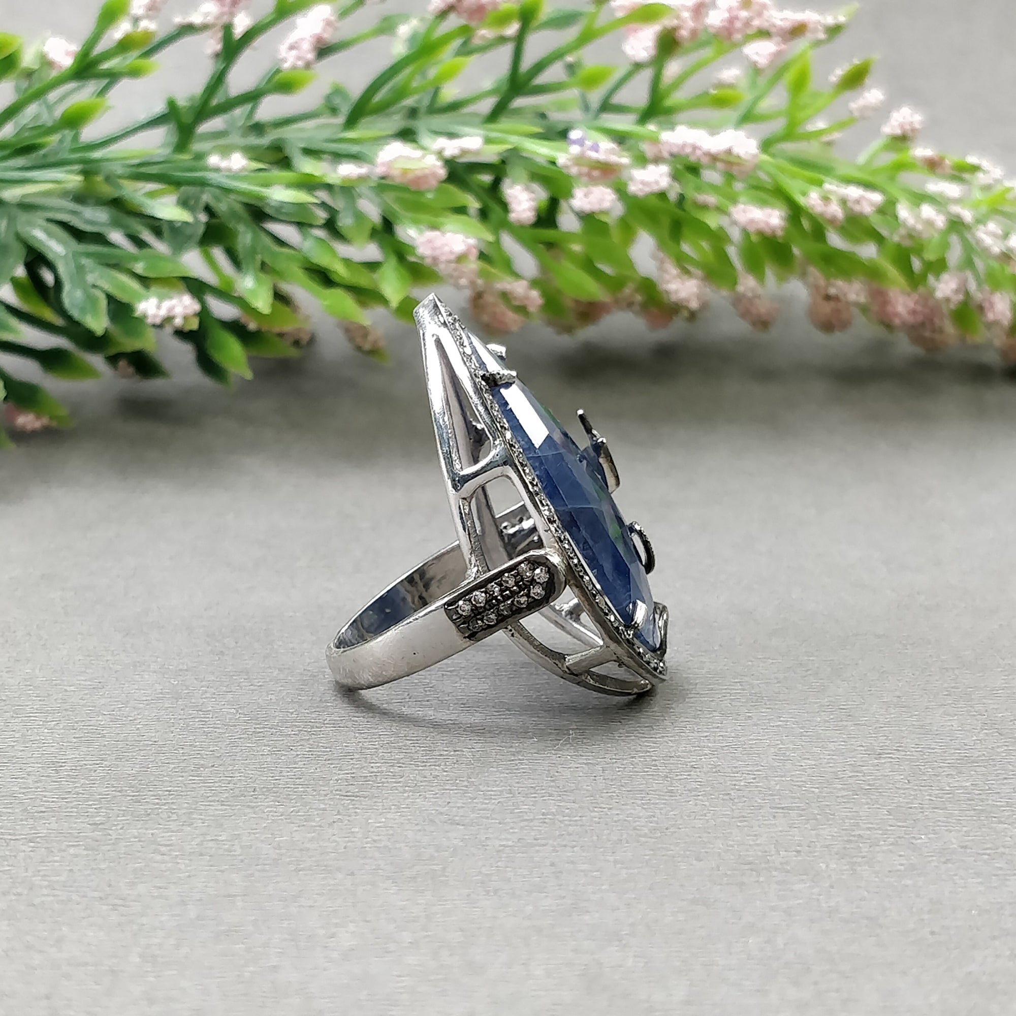 925 Sterling Silver Ring with Natural Blue Sapphire & CZ Gemstones - Victorian Style Rose Cut Bezel Set Statement Ring Size 7.25 US - Perfect for Weddings, Anniversaries & Special Occasions