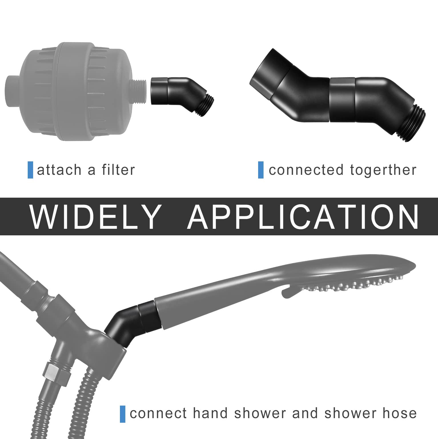 45 Degree Solid Brass Shower Elbow Adapter - G1/2 Female to Male Matte Black Shower Head Connector for Handheld & Fixed Showers - Perfect for Bathroom Renovation & Space-Saving Installations