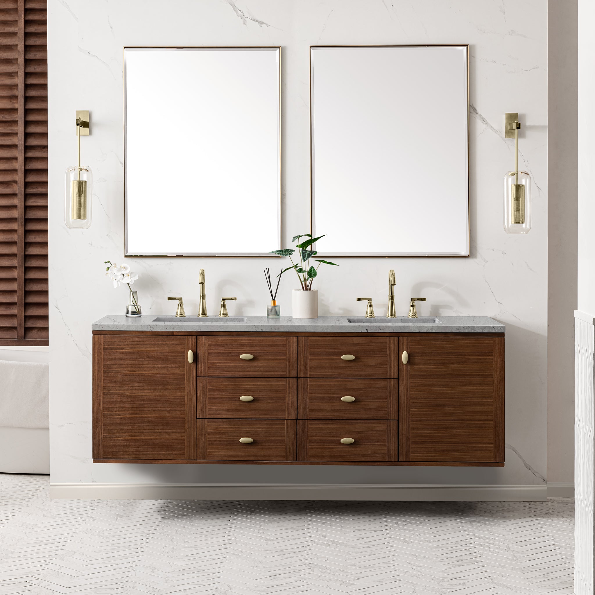 Amberly 72 Inch Double Vanity with 3CM Eternal Jasmine Pearl Top - Mid Century Modern Walnut Bathroom Vanity for Master Bath & Guest Bathroom