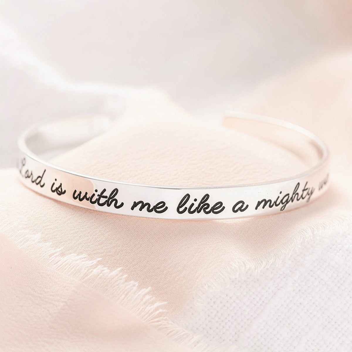 Jeremiah 20:11 Sterling Silver Engraved Cuff Bracelet - 'The Lord is With Me Like a Mighty Warrior' - Christian Jewelry for Women, Inspirational Gift for Baptism, Church & Daily Faith Wear