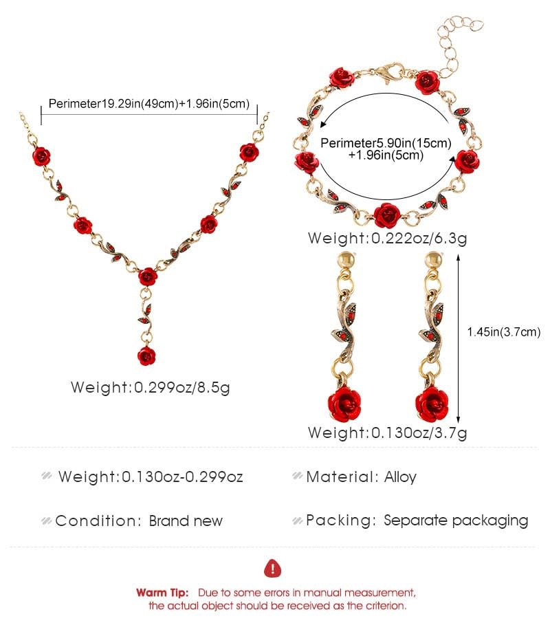 Vintage Rose Flower Jewelry Set for Women - 3Pcs Red Rose Necklace, Earrings & Bracelet - Elegant Bridal Wedding, Prom, Valentine's Day Gift - Perfect for Anniversary, Birthday Party & Special Occasions