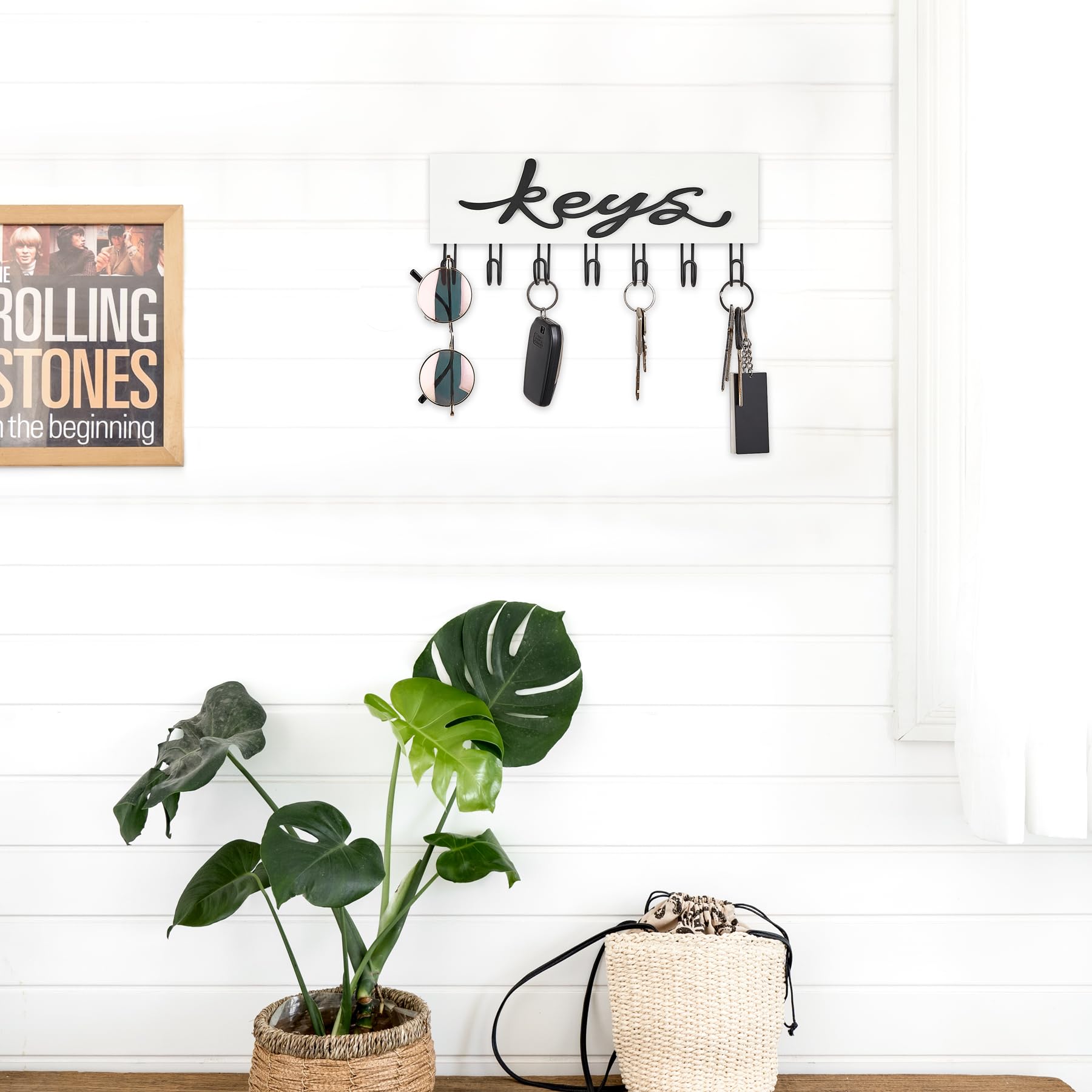 Rustic Wood Wall Key Holder with 7 Hooks - Farmhouse Style Entryway Organizer for Keys, Hats & Accessories | Perfect for Hallway, Office & Home Decor (White)