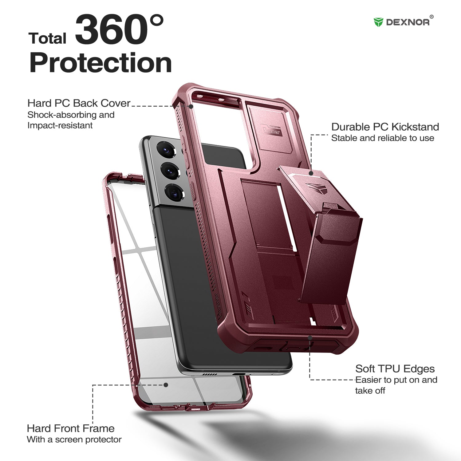 Dexnor Heavy Duty Shockproof Case for Samsung Galaxy S21 Ultra with Built-in Kickstand & Screen Protector - Perfect for Outdoor Activities, Travel, and Daily Protection