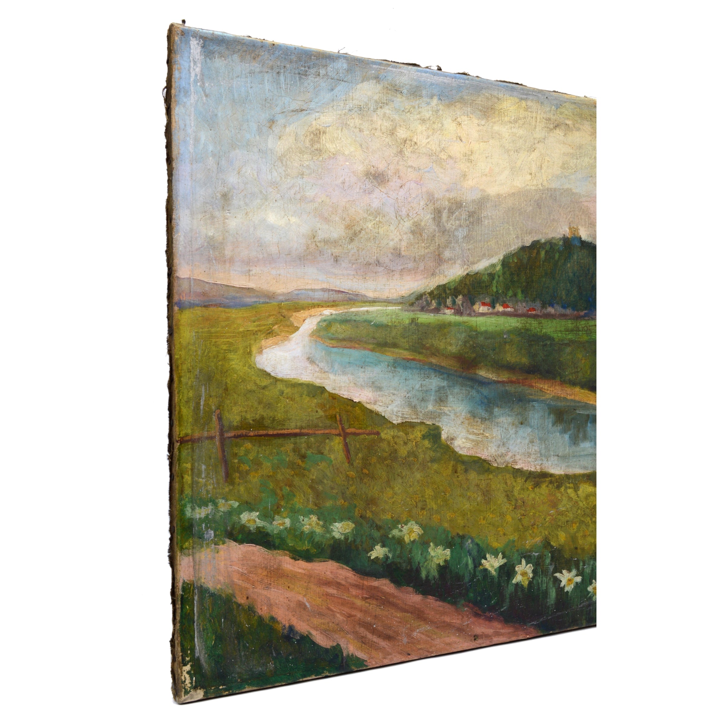 Antique Original Art Oil Painting - River Through Grasslands Landscape - Signed & Dated - Perfect for Home Decor, Office Wall Art & Gift Giving