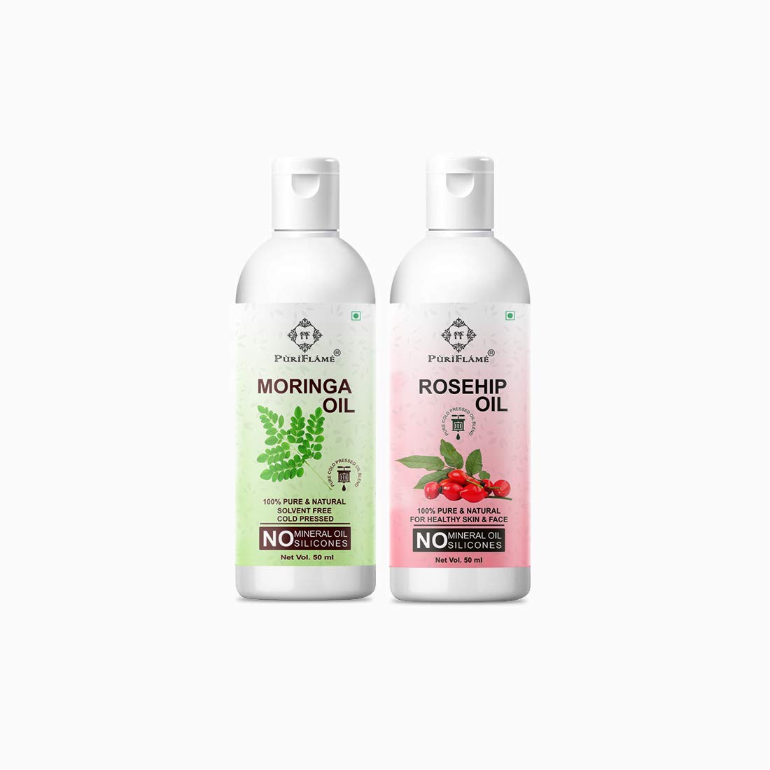 PuriFlame 100% Pure Moringa Oil & Rosehip Oil Combo Set - 50ML Each for Hair Growth, Anti Hair Fall, Split Ends Repair & Shine Boost | Natural Hair Care Treatment for Dry, Damaged Hair | Perfect for Daily Scalp Massage & Overnight Hair Mask