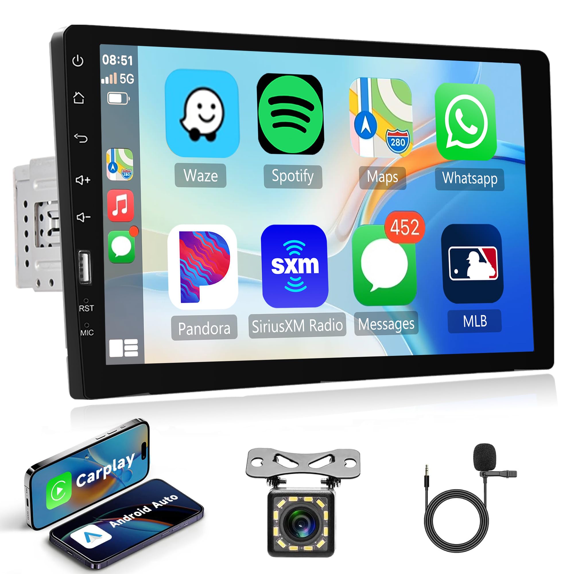 9 Inch CarPlay Single DIN Touchscreen Car Stereo with Android Auto - Bluetooth, iOS/Android Mirror Link, FM/AM Radio, USB, Backup Camera - Perfect for Toyota, Honda, Ford & More (Great for Road Trips & Daily Commute)