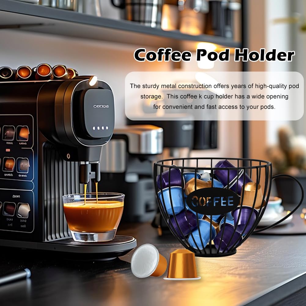 **Large Capacity Coffee Pod Holder - Black Wire K Cup Organizer for Keurig, Nespresso | Countertop Storage Basket for Kitchen, Coffee Bar & Station | Perfect for Home, Office & Cafes**