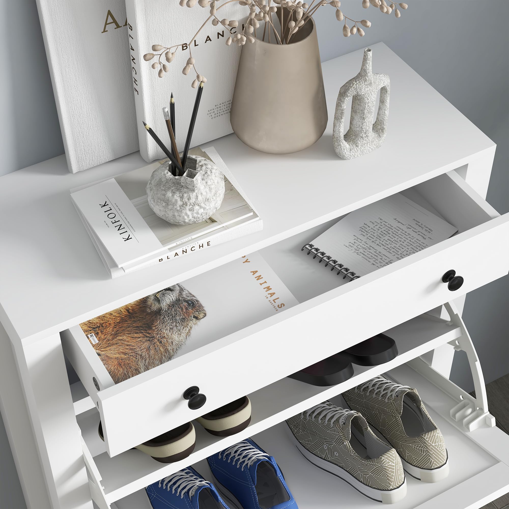 HOMCOM Shoe Cabinet Organizer - Freestanding Entryway Shoe Storage with 2 Flip Drawers & Adjustable Shelves, Holds 8 Pairs of Shoes - Perfect for Hallway, Closet or Small Space Organization