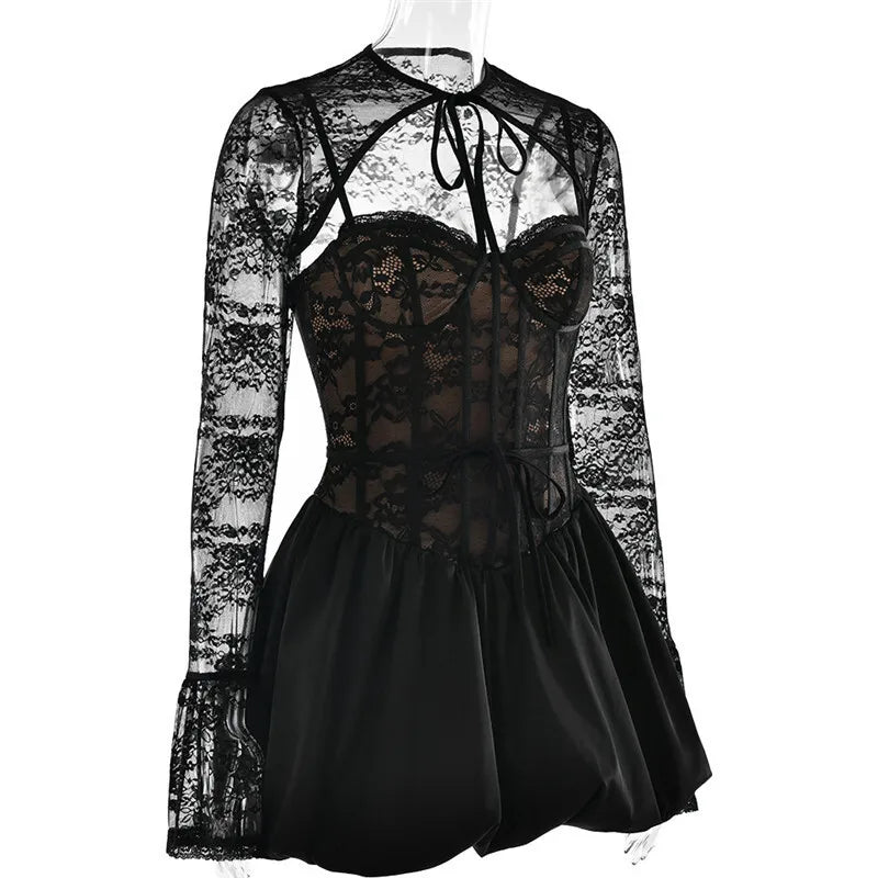 Sexy Black Lace Puffball Mini Dress for Women - Long Flare Sleeve Sheer Club Party Dress with Lace Up & High Waist | Perfect for Night Out, Date Night, and Special Occasions