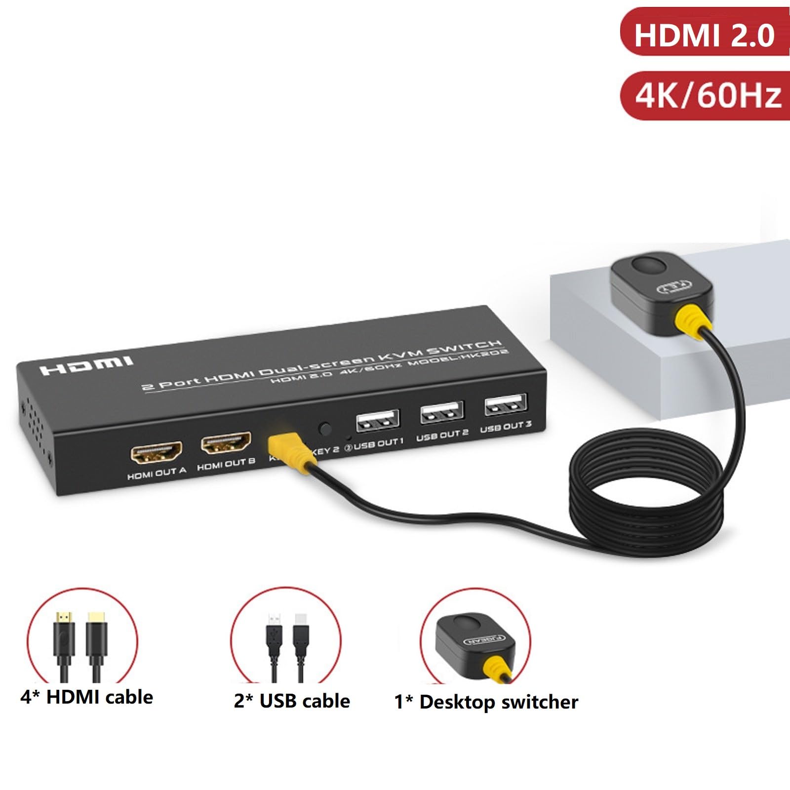 4K@60Hz USB 2.0 HDMI KVM Switch - 2 Port Dual Monitor Display Switcher for PC with Keyboard & Mouse Control | Perfect for Home Office, Gaming Setup & Multi-Device Workstations