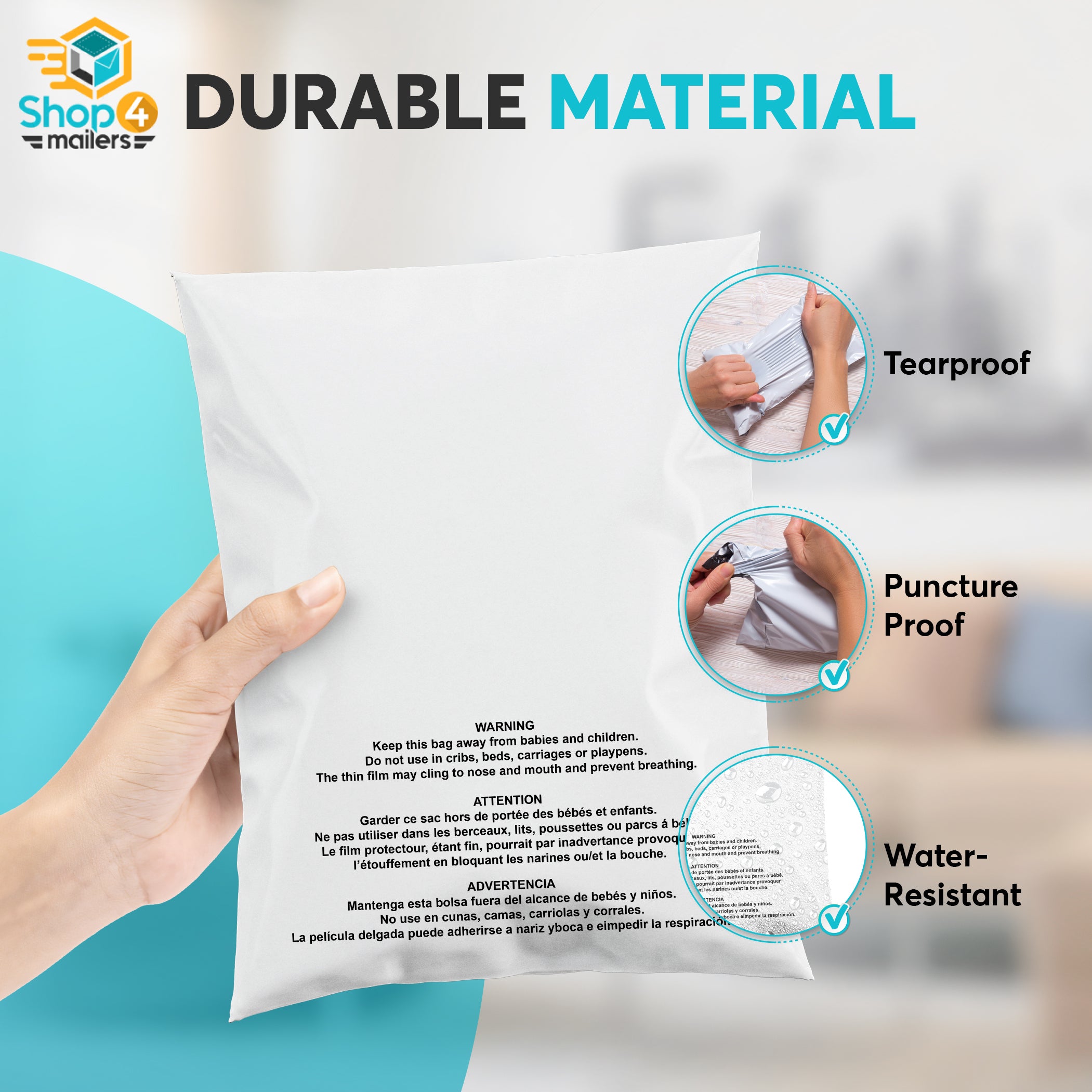 10x13 Glossy White Warning Printed Poly Mailer Envelopes 2 Mil - Waterproof Shipping Bags for Ecommerce, Retail & Mailing | Shop4Mailers