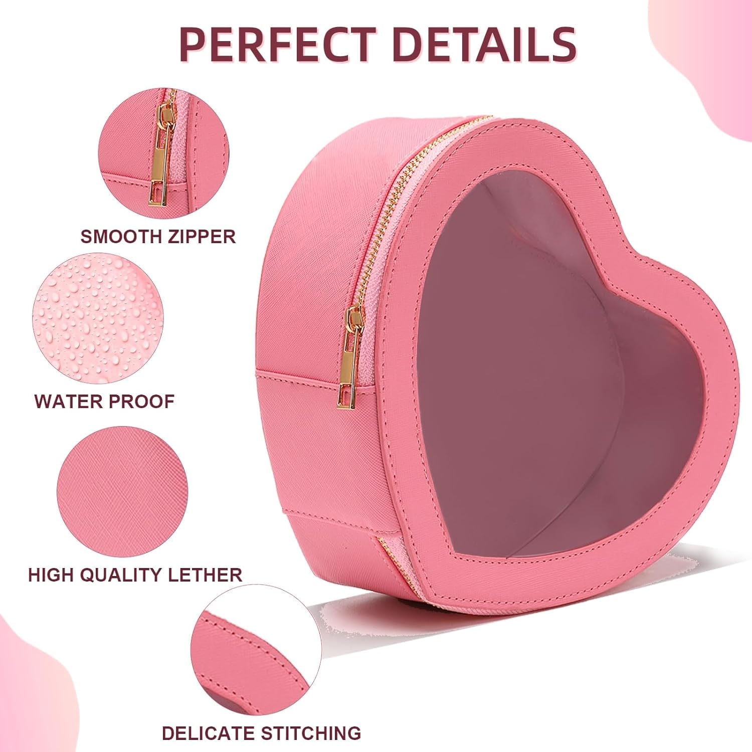Pink Heart Makeup Bag - Valentine's Day Gift for Her, Clear Top Cosmetic Organizer, Large Waterproof Travel Makeup Case for Women & Girls | Perfect for Travel, Bridal Shower, Birthday Gifts