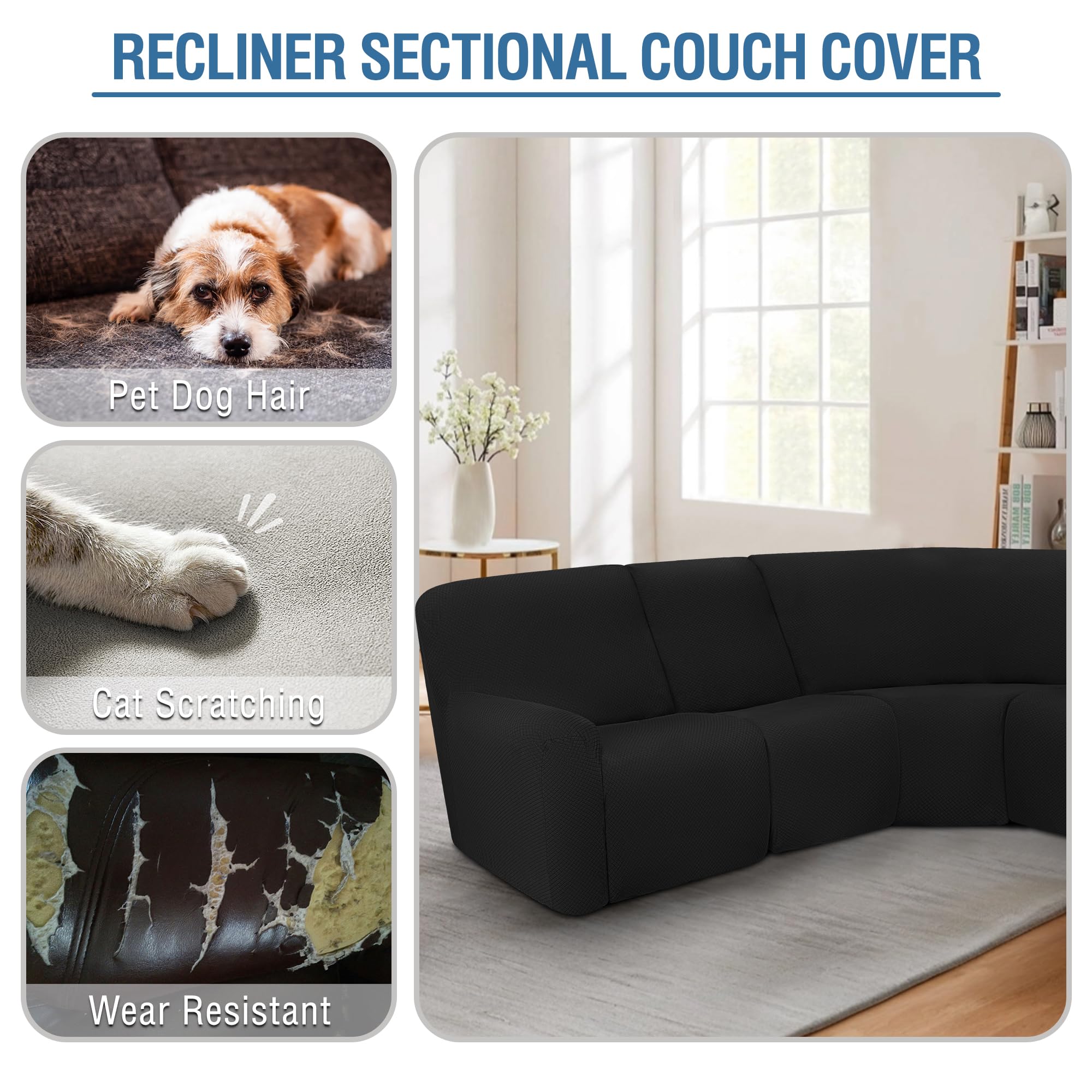 ALIECOM 5-Piece Waterproof Reclining Sectional Sofa Cover - Stretch Jacquard Fabric, L-Shape Corner Couch Slipcover for Recliner Furniture Protector (Black) - Perfect for Living Room, Family Room & Pet-Friendly Homes