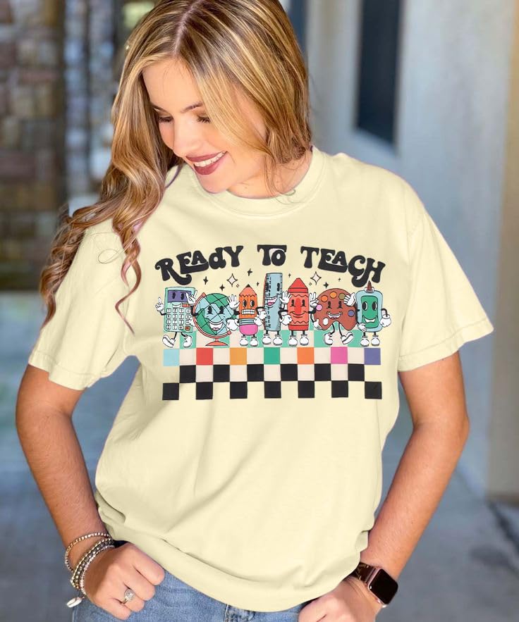 Funny Oversized Teacher T-Shirt for Women - Ready to Teach Short Sleeve Tee | Back to School Gift Idea & Comfortable Casual Wear for Classroom or Daily Life