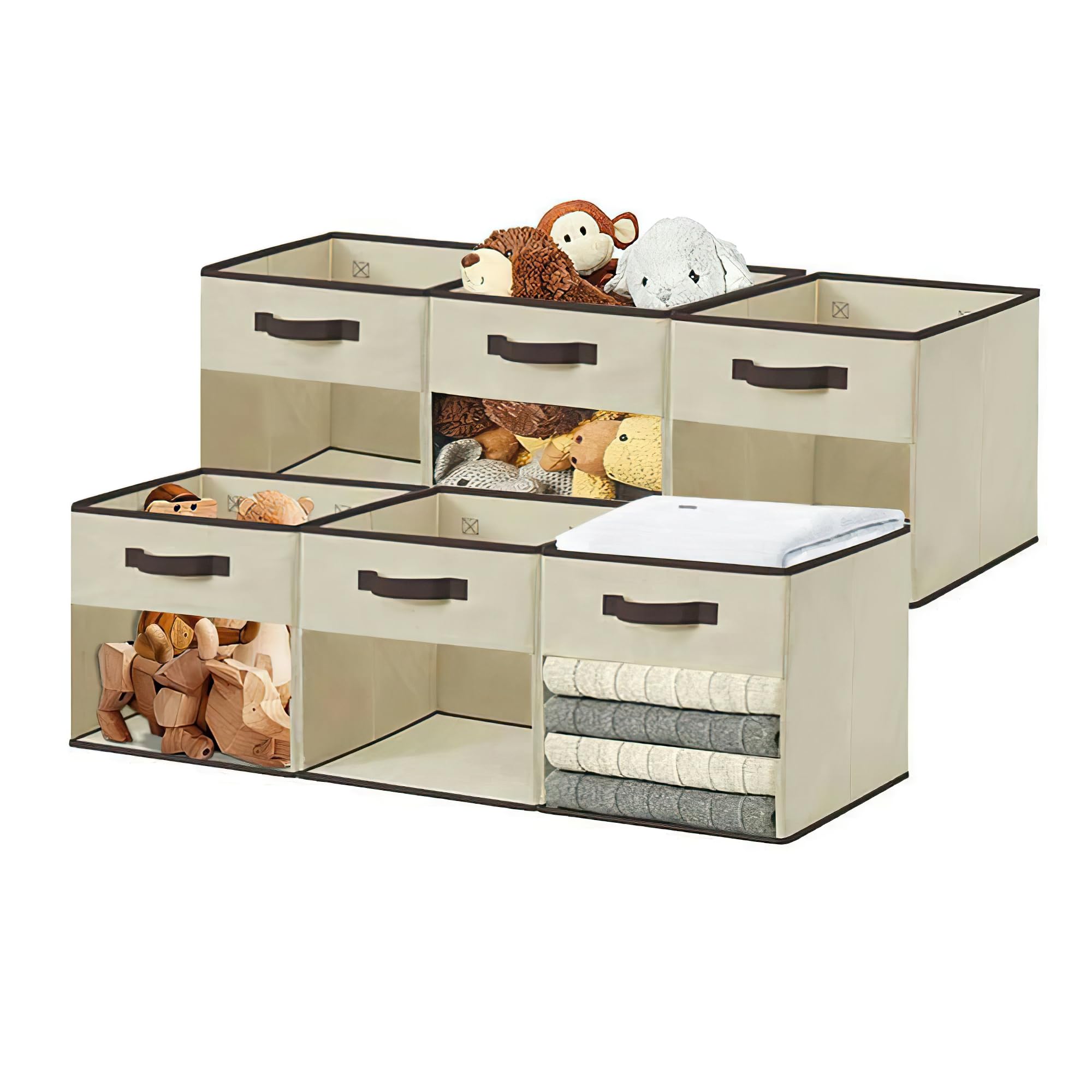 DECOMOMO 13 Inch Fabric Storage Cubes with Clear Window - 6 Pack Beige Closet Organizer Bins for Shelves, Toys, Books & Home Organization