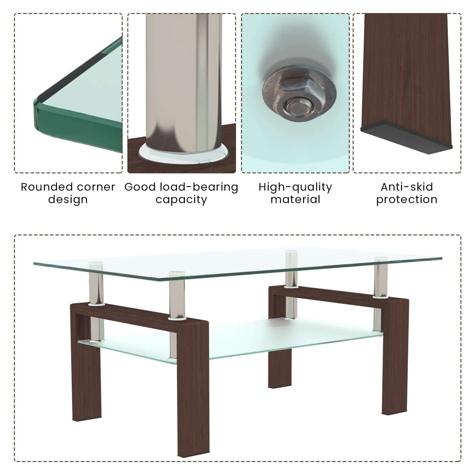 Modern Clear Glass Coffee Table with Metal Tube Legs & Lower Shelf - 2-Tier Rectangle Center Table for Living Room, Waiting Area - Durable Walnut Finish (Perfect for Small Spaces & Contemporary Decor)