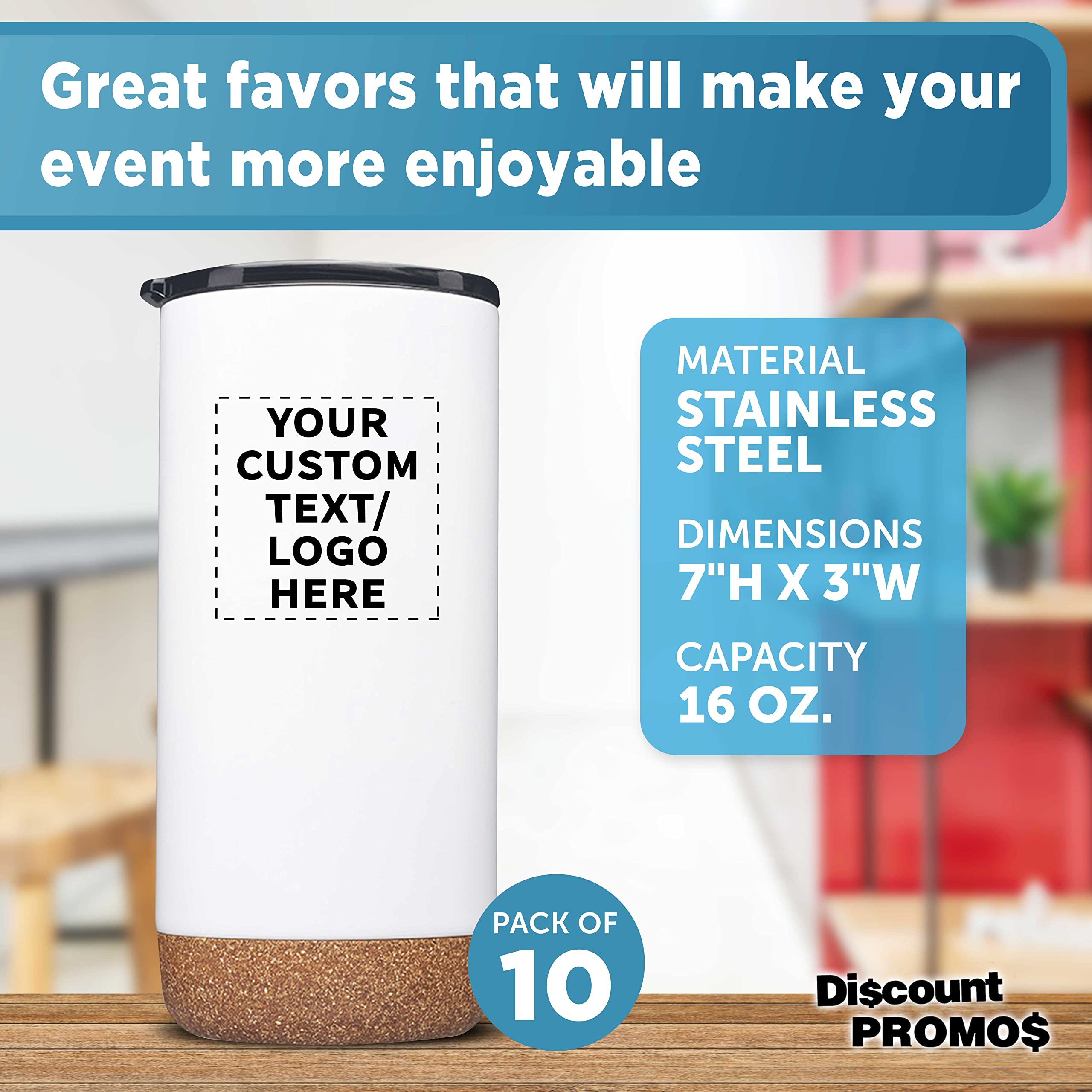 Custom 16 oz Travel Tumblers with Cork Base - Set of 10 Insulated Stainless Steel Cups, Personalized Bulk Pack for Coffee, Soda & Beverages - Matte Finish Double Wall Vacuum Insulation - Perfect for Office, Camping, Gifts & Outdoor Activities - White