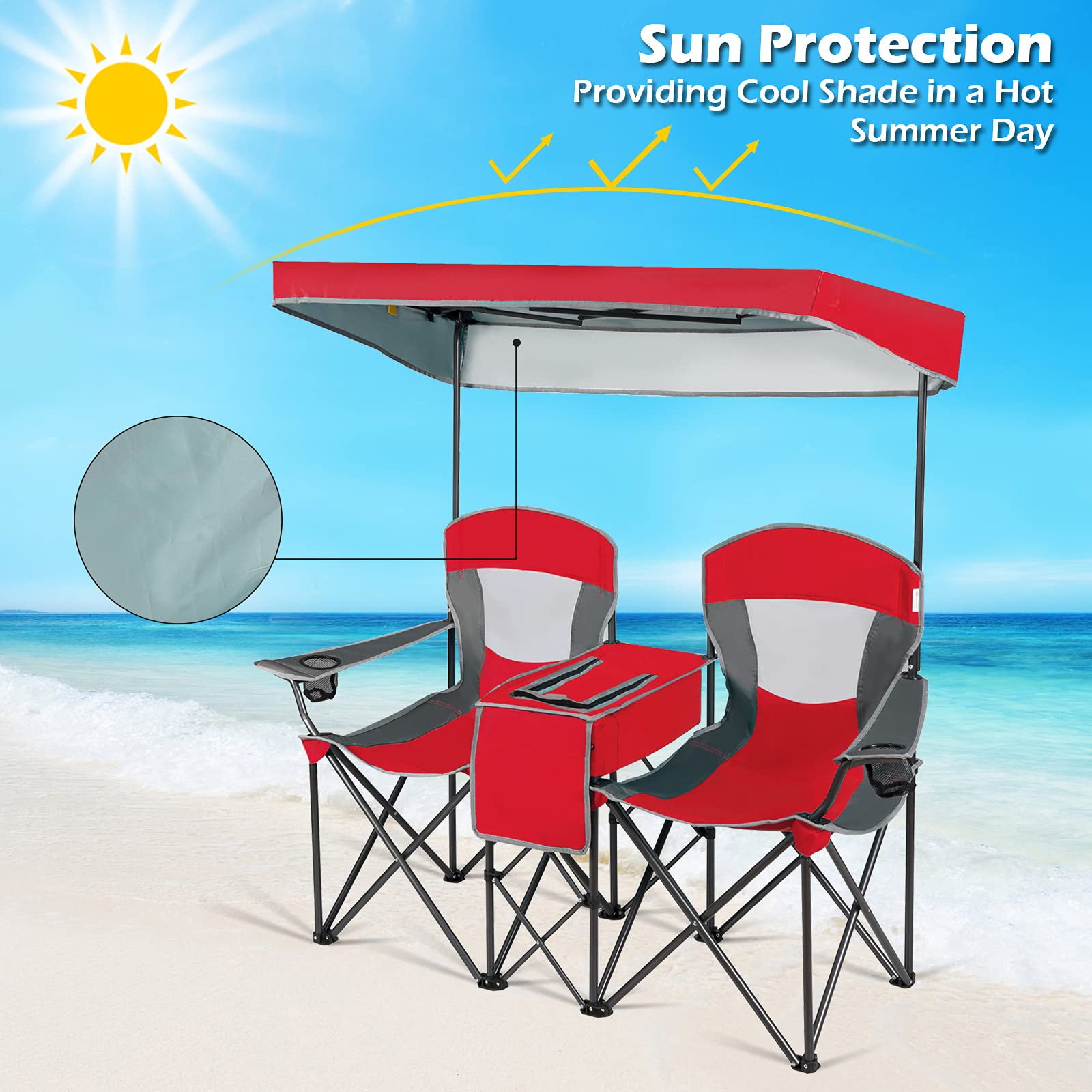 Goplus Double Beach Chair with Canopy Shade - Portable Folding Lawn & Camping Chairs with Sunshade, Mini Table, Beverage Holder & Carrying Bag - Perfect for Outdoor Travel, Hiking, Fishing, Poolside & Backyard Relaxation (Red)