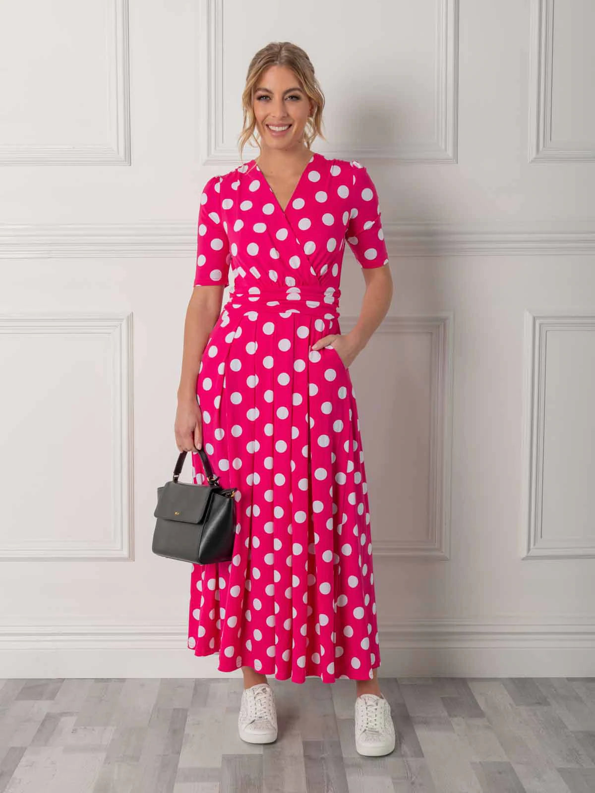 Odelia Wrap Front Maxi Dress for Women - Flowy Long Summer Dress with V-Neck & Belt (Pink) | Beach Wedding, Vacation, Party Outfit