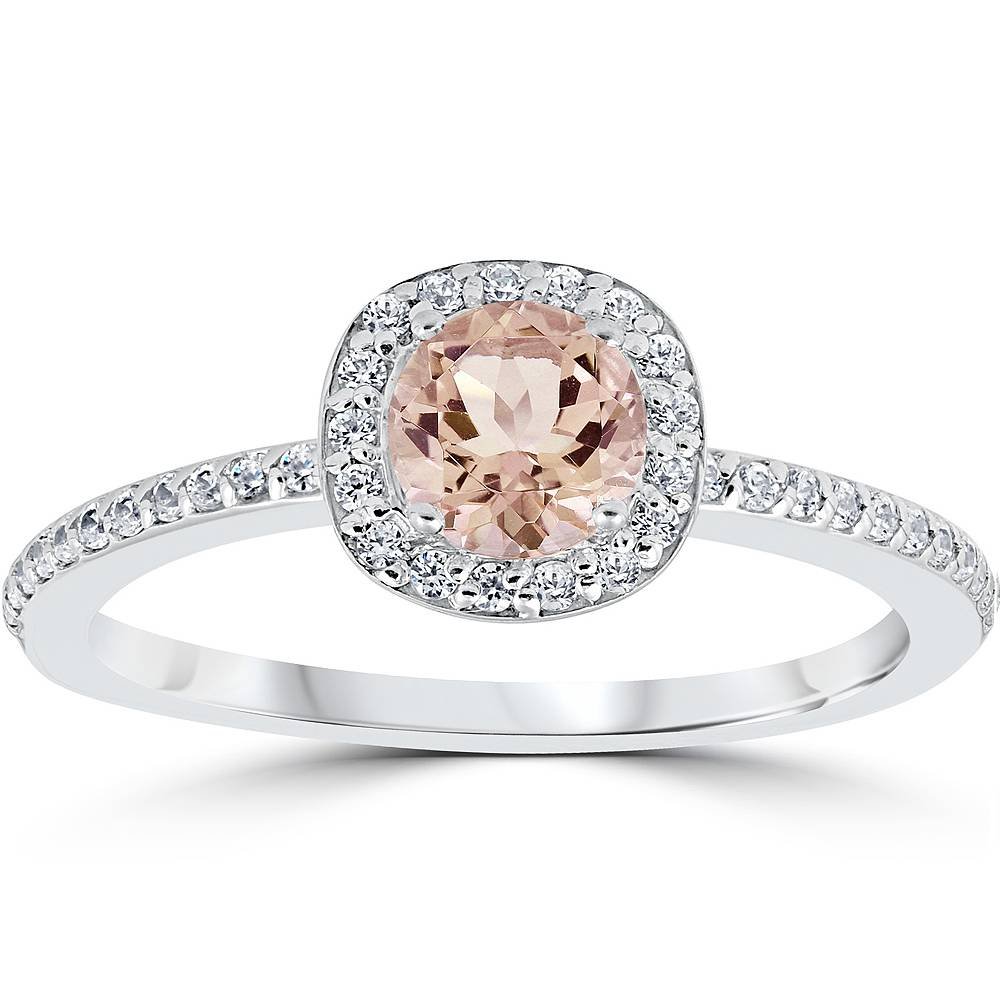 7/8ct Round Morganite & Diamond Cushion Halo Engagement Ring in 14K White Gold | Elegant Bridal Jewelry for Proposals, Weddings & Anniversaries