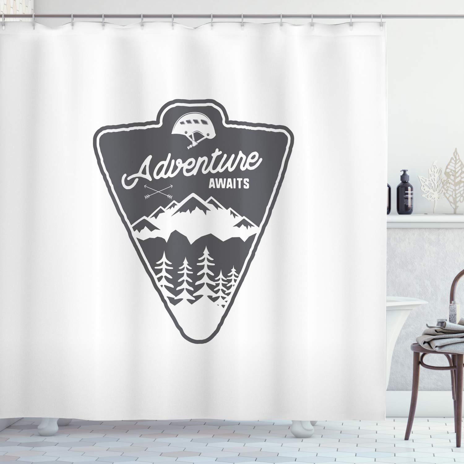 Ambesonne Vintage Camping & Hiking Adventure Shower Curtain - Mountain Forest Exploration Theme, 69x84 Inch White & Grey Fabric Bathroom Decor with Hooks - Perfect for Outdoor Enthusiasts' Bathrooms & Cabin Retreats