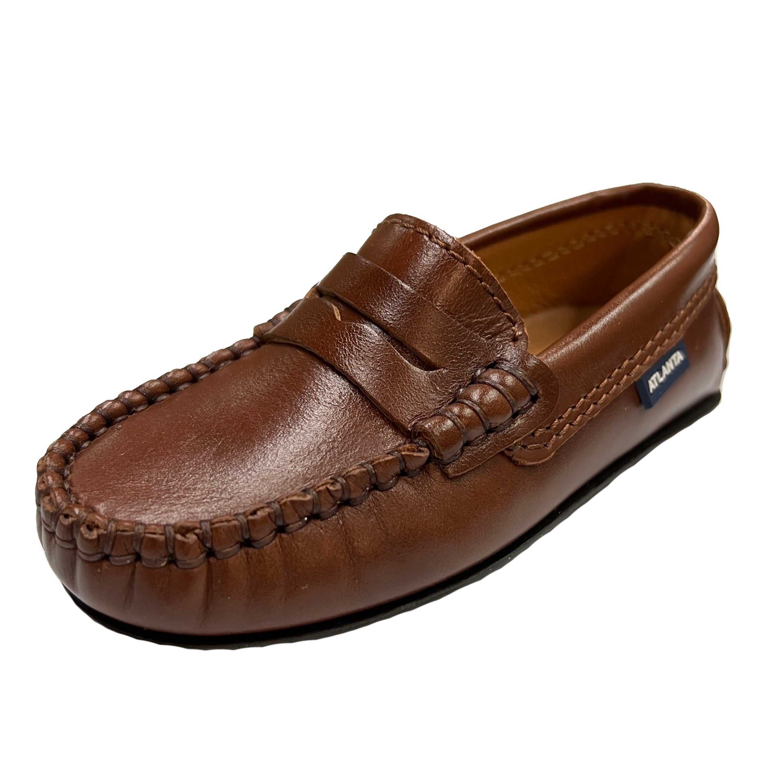 Atlanta Moccasin Boys & Girls Penny Loafers - Genuine Leather Slip-On Shoes in Camel Sierra Antique | Classic School & Dress Casual Footwear for Kids