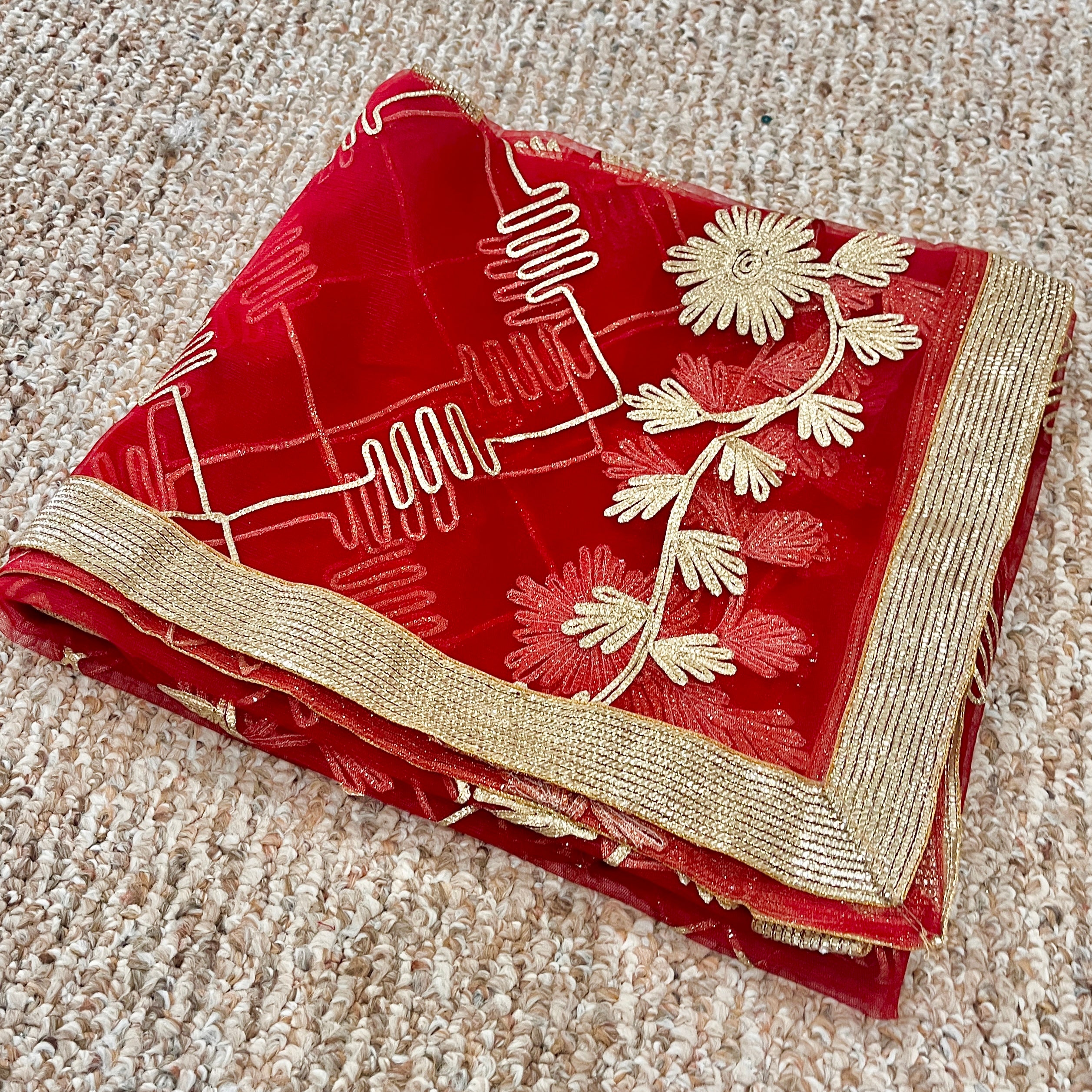 Elegant Bridal Red Net Dupatta with Golden Floral Lace & Embroidery - Perfect for Indian Weddings, Mehndi & Sangeet Ceremonies (D59)