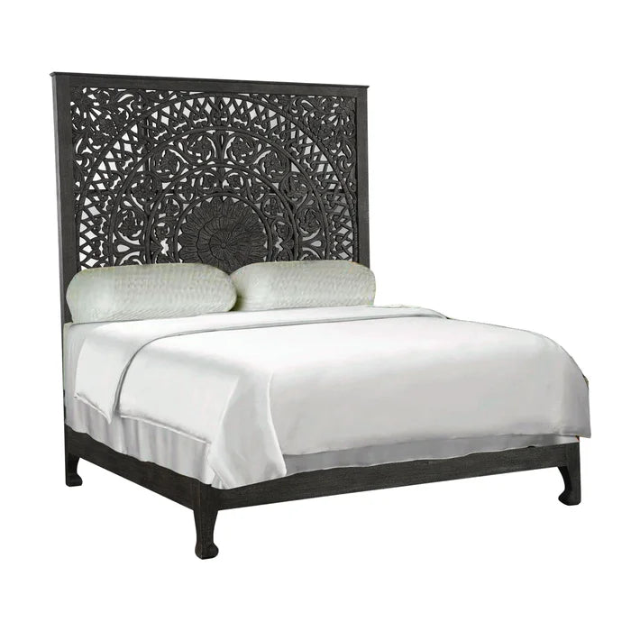 Hand Carved Solid Wood Low Profile Standard Bed Frame - Black | Modern Minimalist Bedroom Furniture for Small Spaces & Cozy Home Decor
