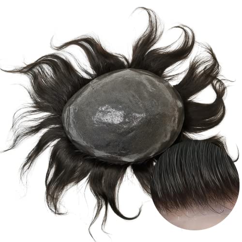 Premium Men's Toupee Hair System - 100% European Human Hair Wavy Replacement with 0.04mm Soft Thin Skin PU V-loop (#1B Off Black, 8x10) | Natural Looking Hairpiece for Men | Perfect for Daily Wear, Special Occasions & Hair Loss Solutions