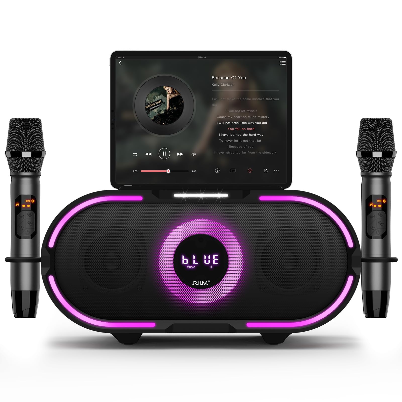 RHM K666PLUS Professional Karaoke Machine with 2 Wireless Microphones - Bluetooth, USB, AUX & PC Connectivity - Rechargeable Battery & 7-Hour Playtime - Ideal for Home Parties, Weddings, Outdoor Events & Christmas Celebrations - Powerful Sound System & Dynamic RGB Lights for Ultimate Entertainment Experience