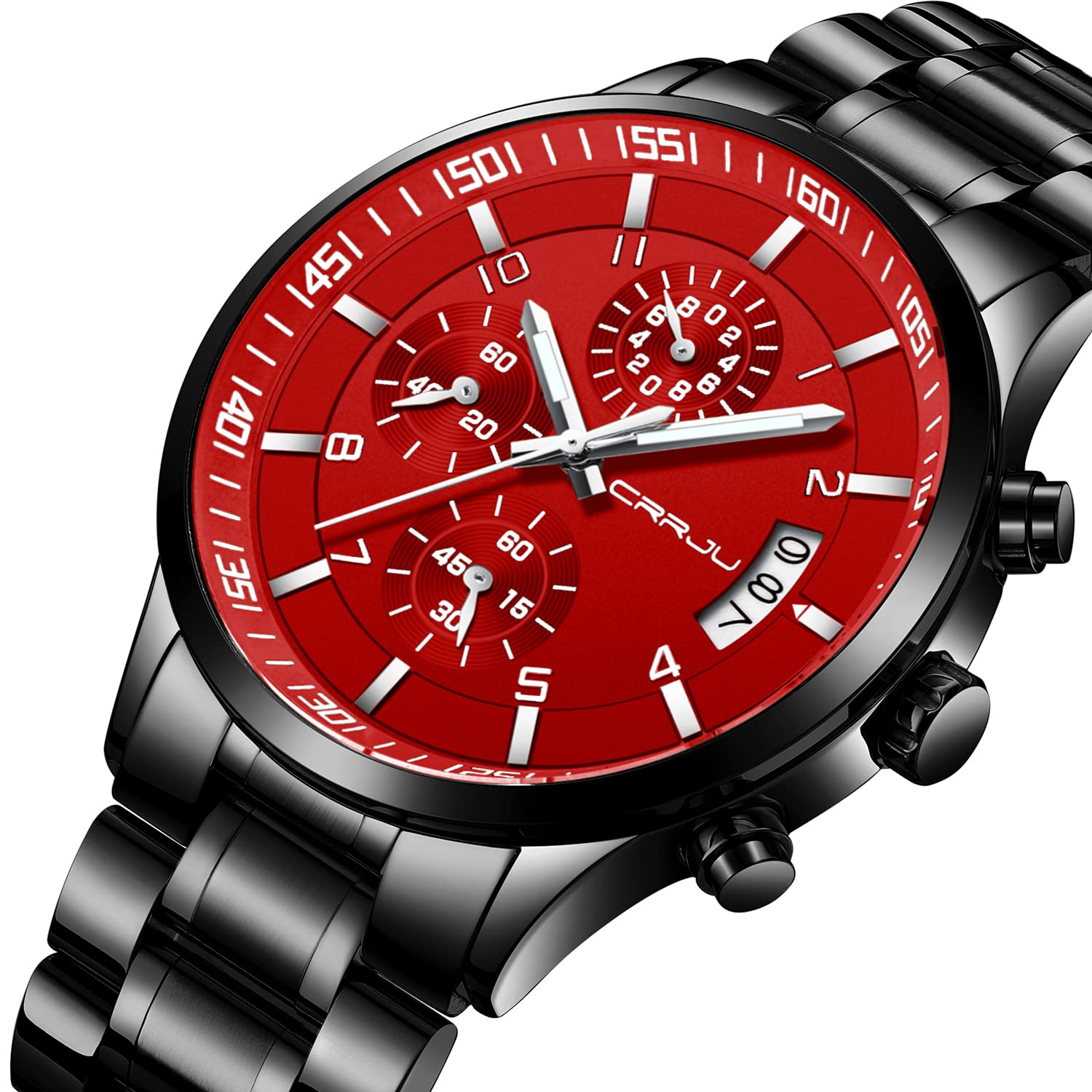 CRRJU Men's Stainless Steel Chronograph Watch with Date Display - Waterproof Wristwatch for Business, Casual & Outdoor Activities - Durable Steel Band for Everyday Wear