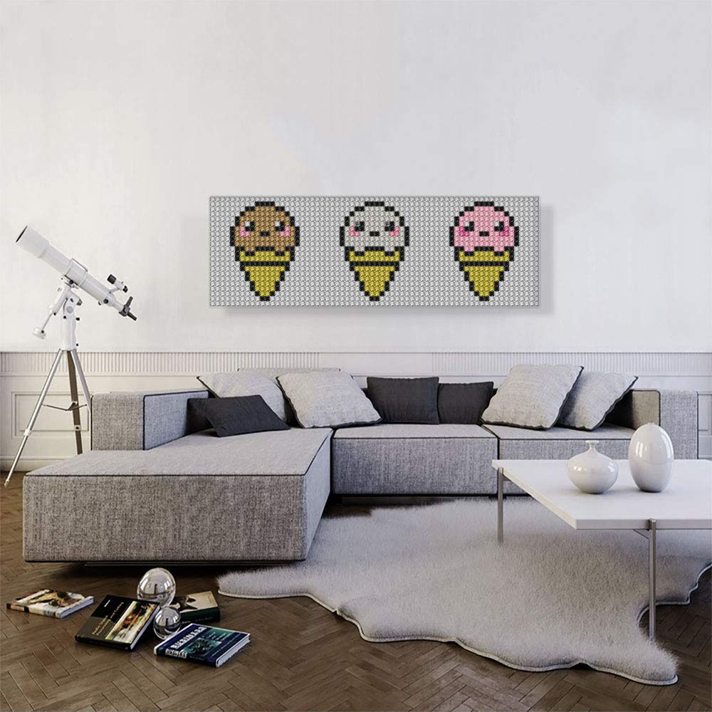 ARTCANVAS Chocolate Vanilla Strawberry Ice Cream Cone Pixel Art Print - Framed Canvas Wall Decor 48x16 Inches - Sweet Treat Painting for Kitchen, Diner & Ice Cream Shop Decoration