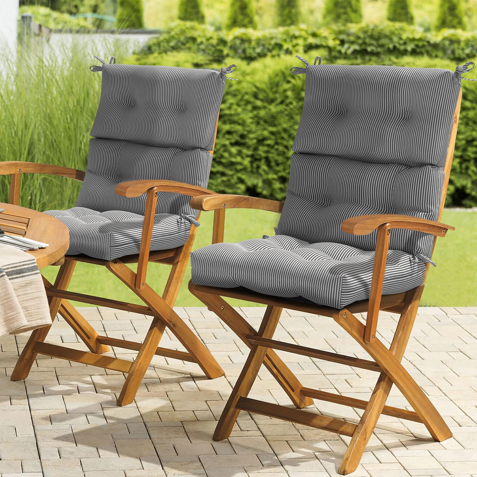 LVTXIII 44x22-inch Outdoor High Back Chair Cushions Set of 2 - Tufted Adirondack Rocking Chair Seat Cushions with Ties, Waterproof & Durable Patio Furniture Cushions in Striped Grey - Perfect for Deck, Porch, Garden and Poolside Relaxation