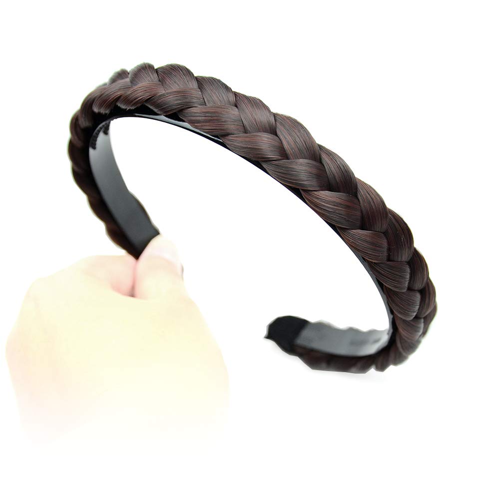 Braided Headband with Teeth - Synthetic Hair Band for Women - Plaited Hair Accessory - Dark Chestnut - Perfect for Workouts, Yoga, and Everyday Styling