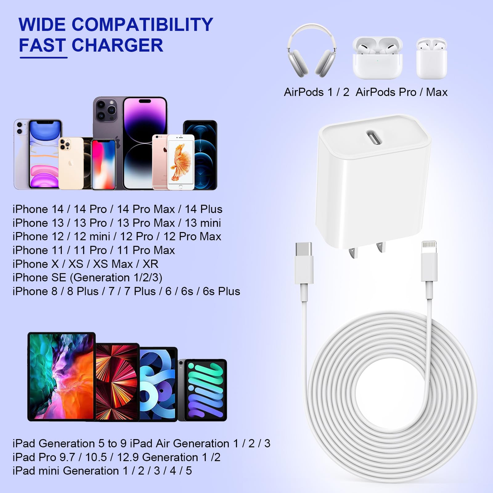 20W Apple Fast Charger with 10FT Extra Long Lightning Cable - USB C Wall Charger Block for iPhone 14/13/12/11/X/XR/SE & iPad - Super Quick Charging Adapter for Travel, Home & Office Use