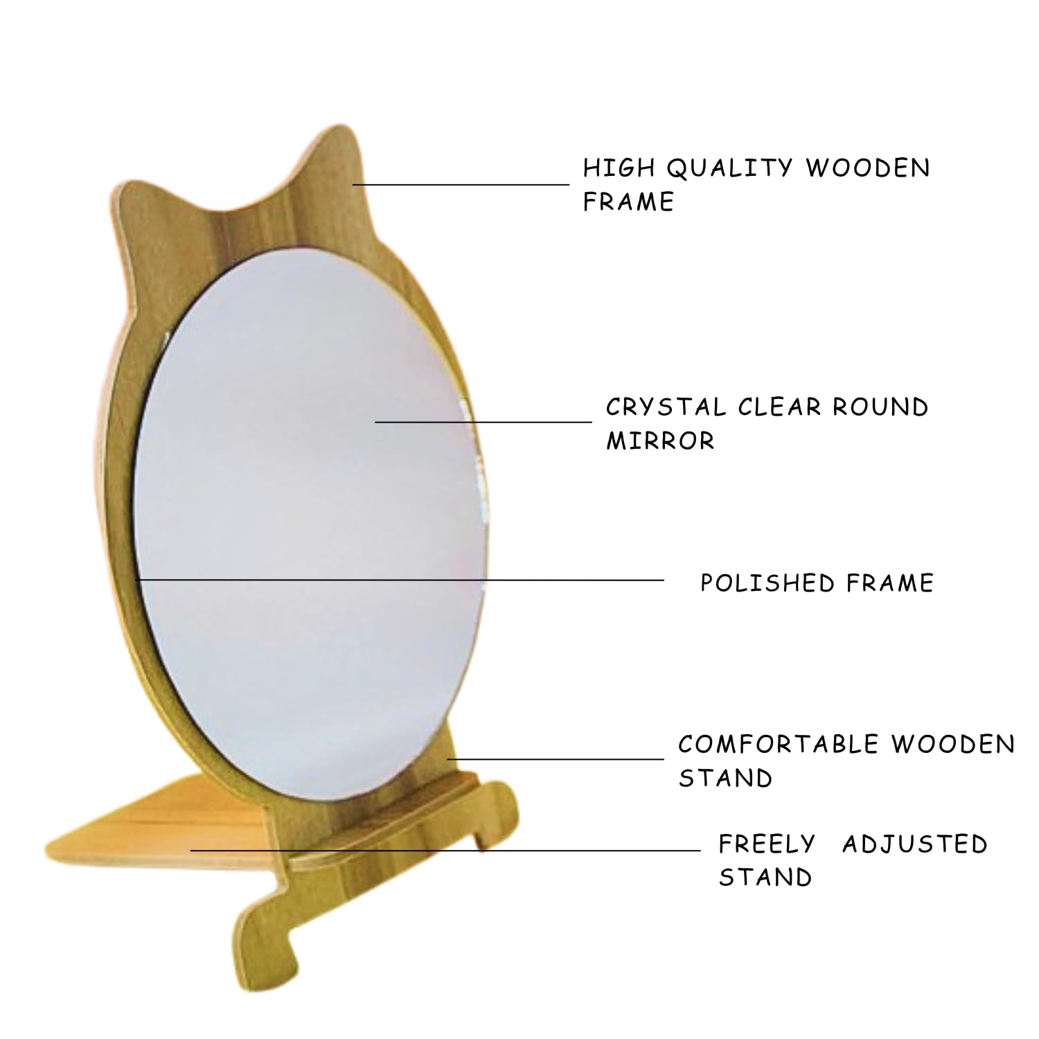 GRACIOUS MART - Wood Framed Standing Table Mirror for Makeup & Vanity - Round Desktop Mirror with Floor Mount - Perfect for Bedroom Dressing Table, Bathroom & Cosmetics Organization (Pack of 1)