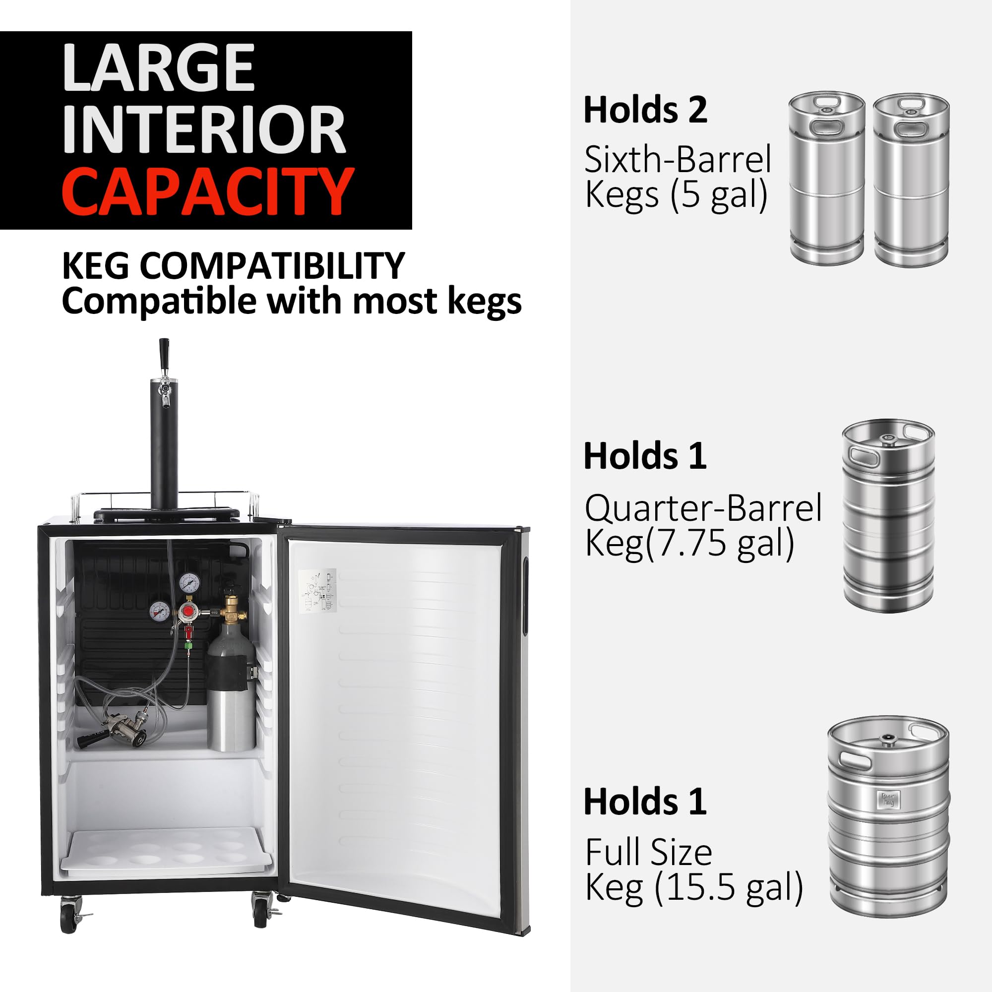 Commercial Beer Kegerator - Single Tap Draft Beer Dispenser with 128L Capacity, Stainless Steel Construction, Built-in Shelves & Drip Tray - Perfect for Home Bars, Restaurants, and Party Events