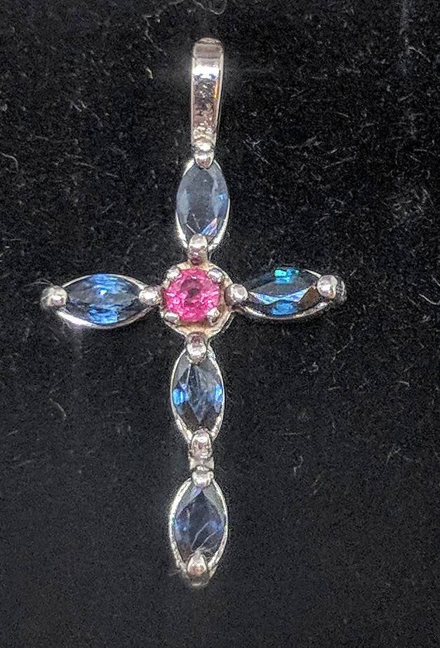 Custom 14K Gold or Sterling Silver Blue Sapphire & Ruby Cross Pendant - Religious Jewelry for Gifts, Baptism & Special Occasions