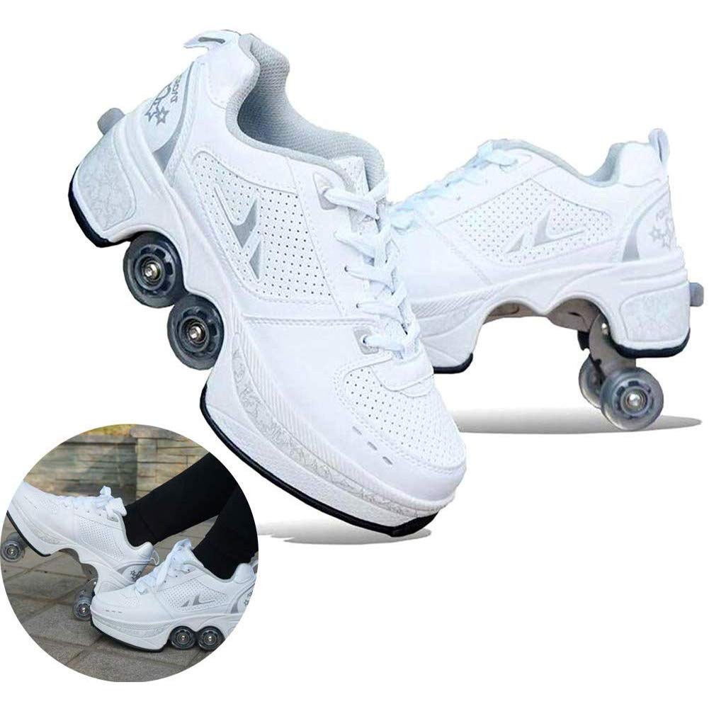MLyzhe 4-Wheel Automatic Roller Shoes for Adults - Non-Slip, Breathable & Comfortable Walking Shoes for Outdoor Sports, Gym & Casual Wear (Silver, Size 35) - Perfect for Skating, Fitness & Daily Commute