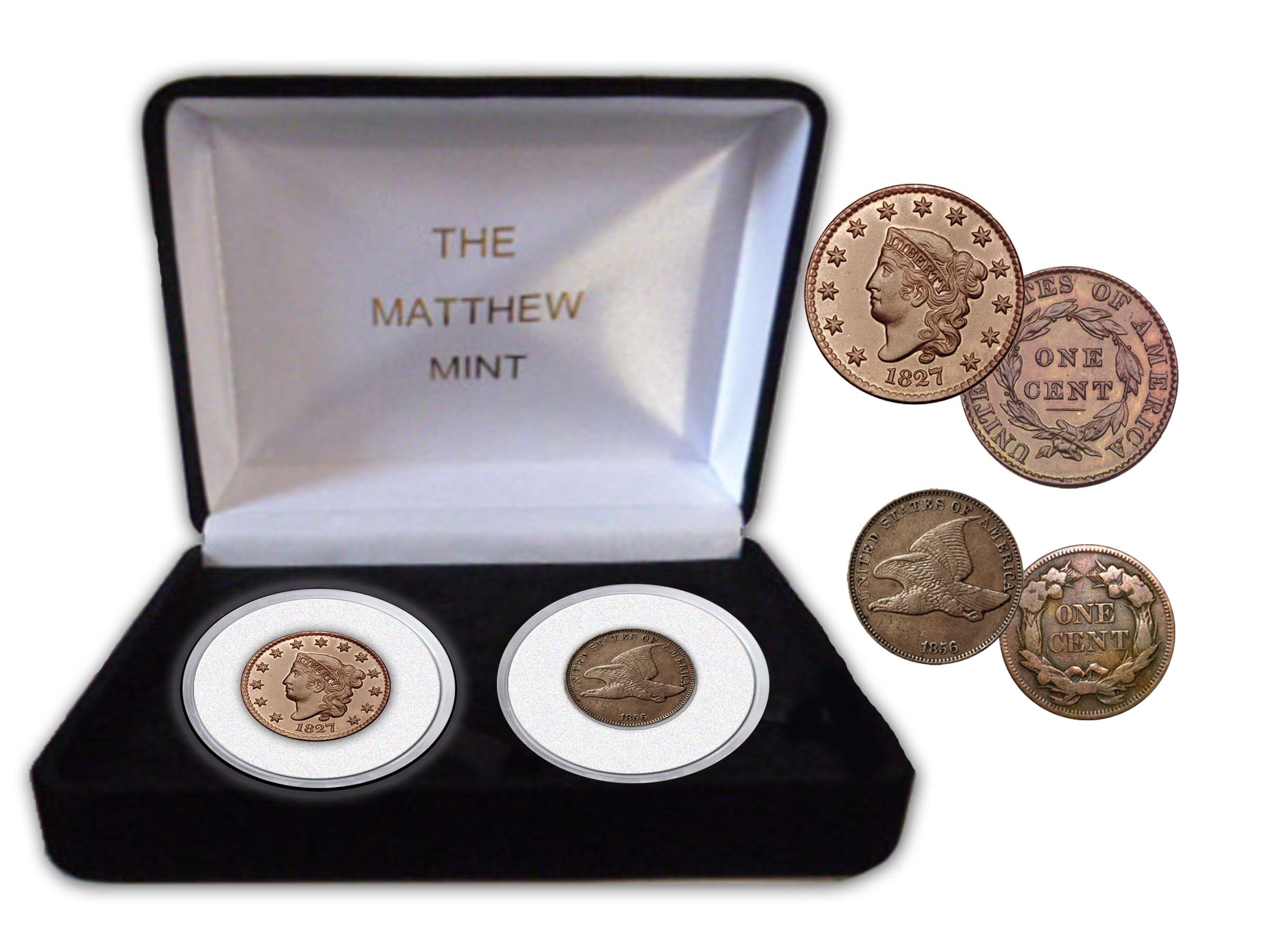 Large Cent and Flying Eagle Coin Set in Velvet Display Box - Perfect for Collectors, Gift Giving, and Historical Display
