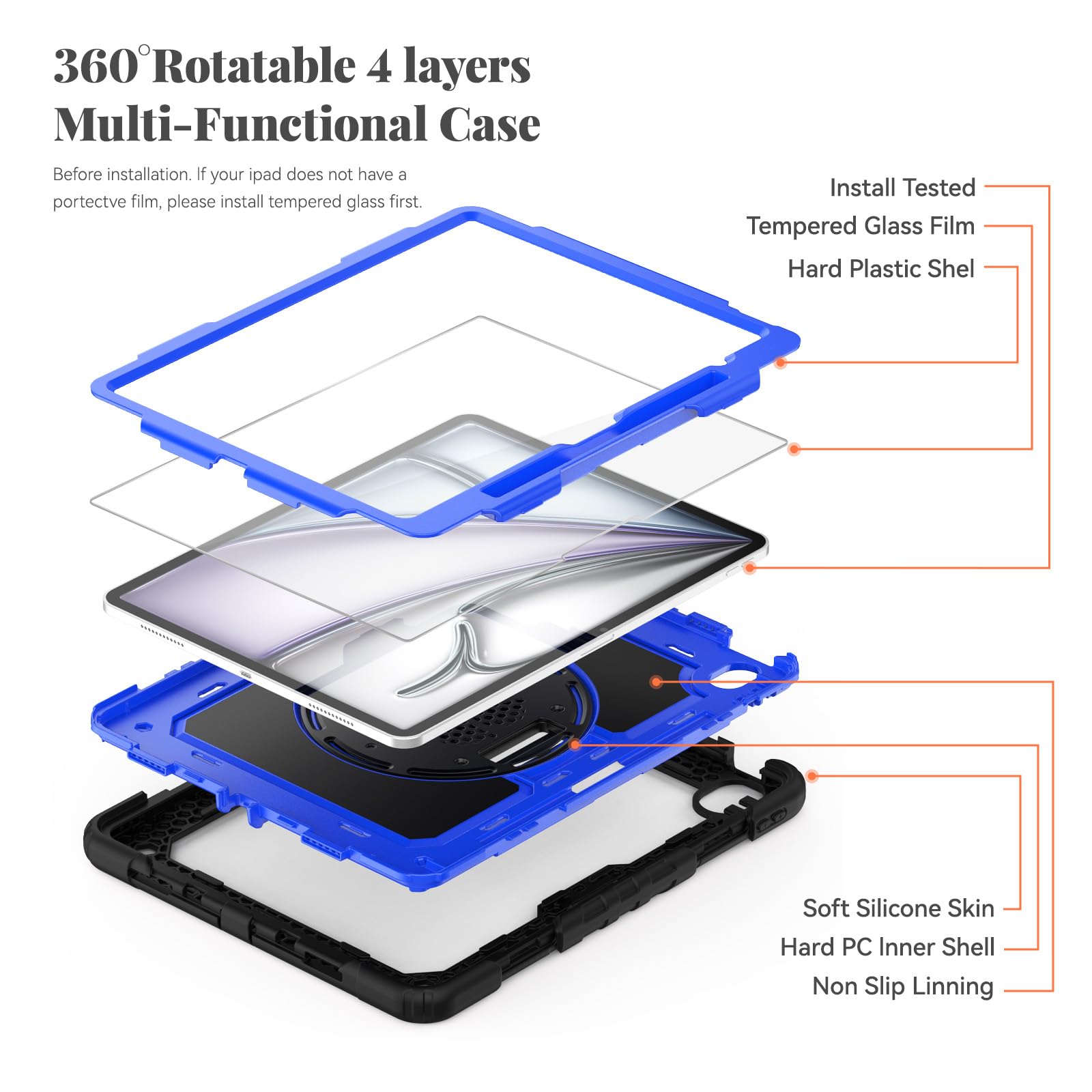 BLOSOMEET Shockproof iPad Air 13 Inch Case (2024 M2 & 2025 M3 Models) with Tempered Glass Screen Protector, Pencil Holder & Adjustable Stand - Rugged Protective Cover with Shoulder Strap for Work, Travel & Outdoor Use (Blue)