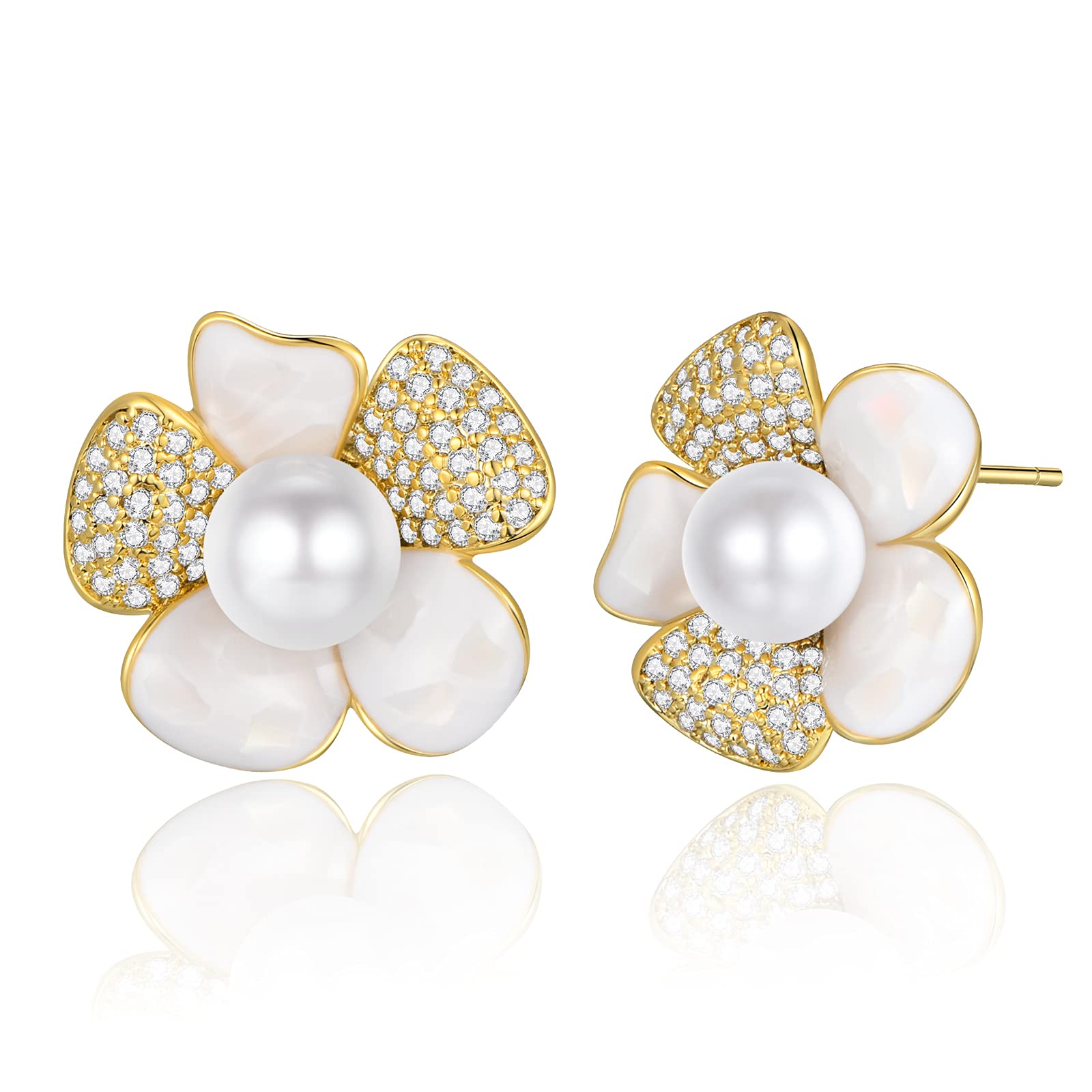 18K Gold Plated Floral Stud Earrings for Women - Hypoallergenic Dainty Shell Earrings, Elegant Statement Jewelry for Teen Girls & Women | Perfect for Weddings, Date Nights & Everyday Wear