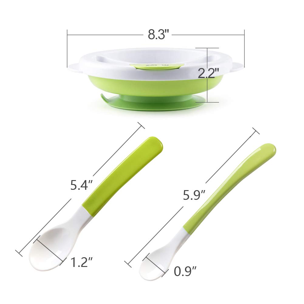 Matyz 2-Pack Baby Feeding Suction Warm Plate with Divided Sections - Non-Slip Toddler Dish with Drain & Dry Design - Includes 2 Plates & 4 Spoons - Microwave & Dishwasher Safe (Green) - Perfect for Home, Daycare & Travel Meals