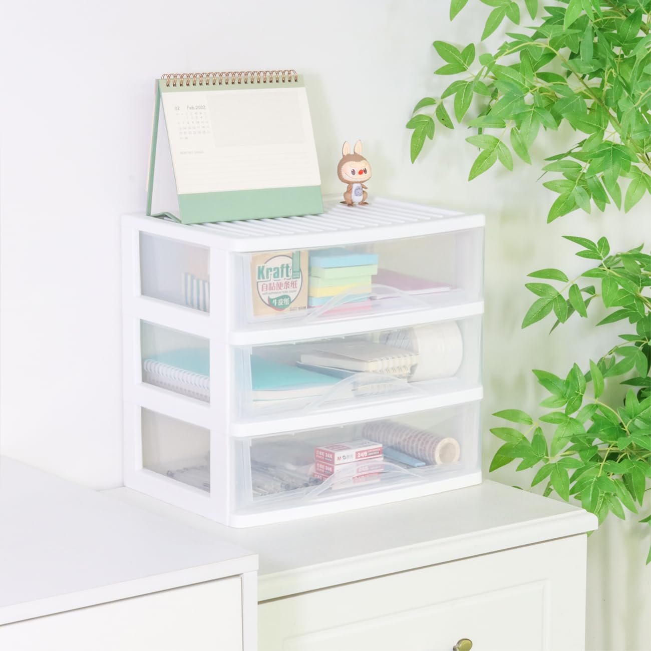 BYCY 3-Drawer Stackable Plastic Storage Organizer - Clear Wide Drawers for Bathroom, Makeup, Desk & Fridge - Easy Assembly White Tabletop Cabinet Organizer - Perfect for Home, Office & Vanity Organization