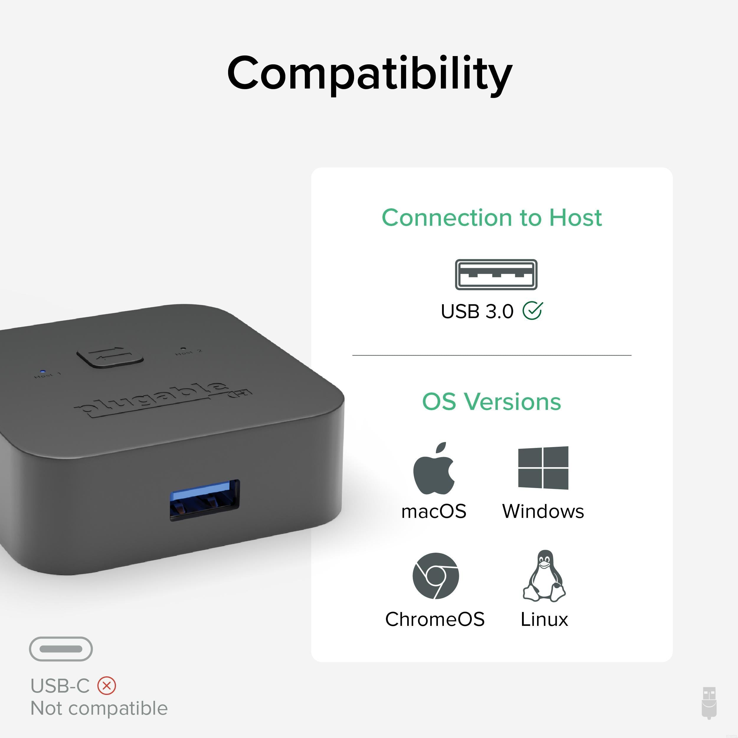 Plugable USB 3.0 Sharing Switch - 2-Port USB Peripheral Switcher for Keyboard, Mouse & More | Fast Data Transfer | Plug & Play | Ideal for Home Office & Multi-Device Setup