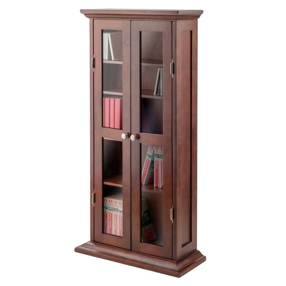 Pemberly Row Solid Wood CD & DVD Storage Cabinet - Antique Walnut Finish | Organize & Display Media Collections in Living Room, Office or Home Theater