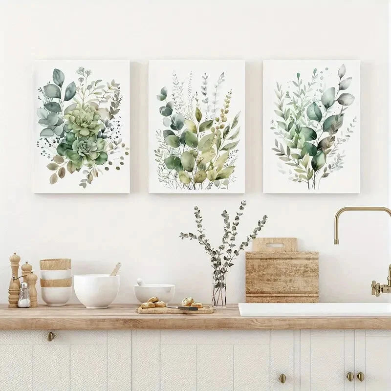3-Piece Sage Green & Beige Wildflowers Metal Wall Art - Bohemian Style Ready to Hang Prints for Living Room, Bedroom & Office Decor