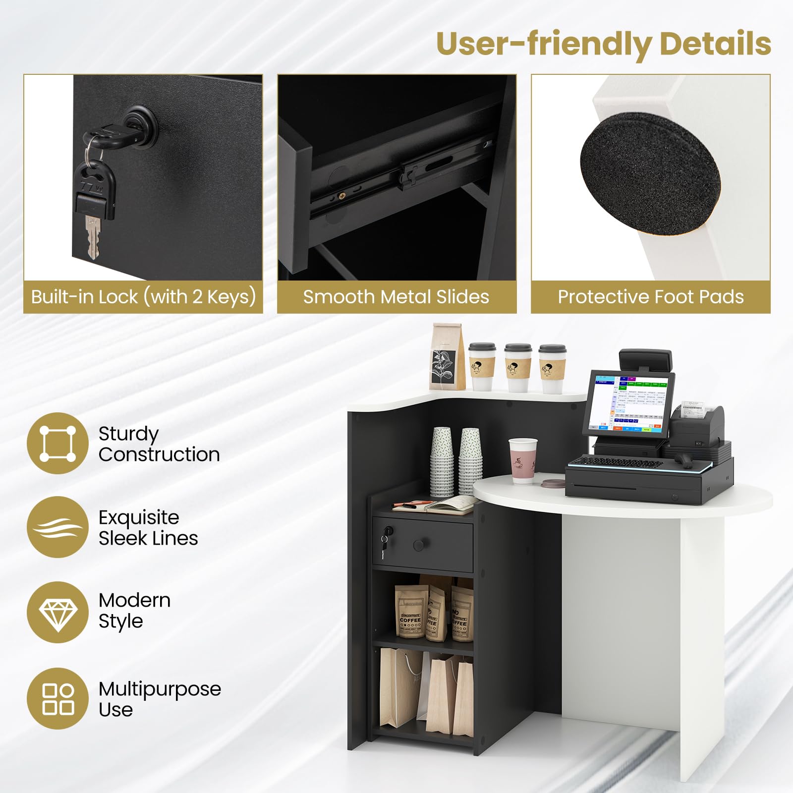 Modern Reception Desk with Oval Desktop - Open Shelf & Lockable Drawer - Small Retail Checkout Counter - Wood Computer Workstation for Home Office, Lobby, Salon & Small Business - Perfect for Customer Service Areas, Waiting Rooms & Professional Spaces