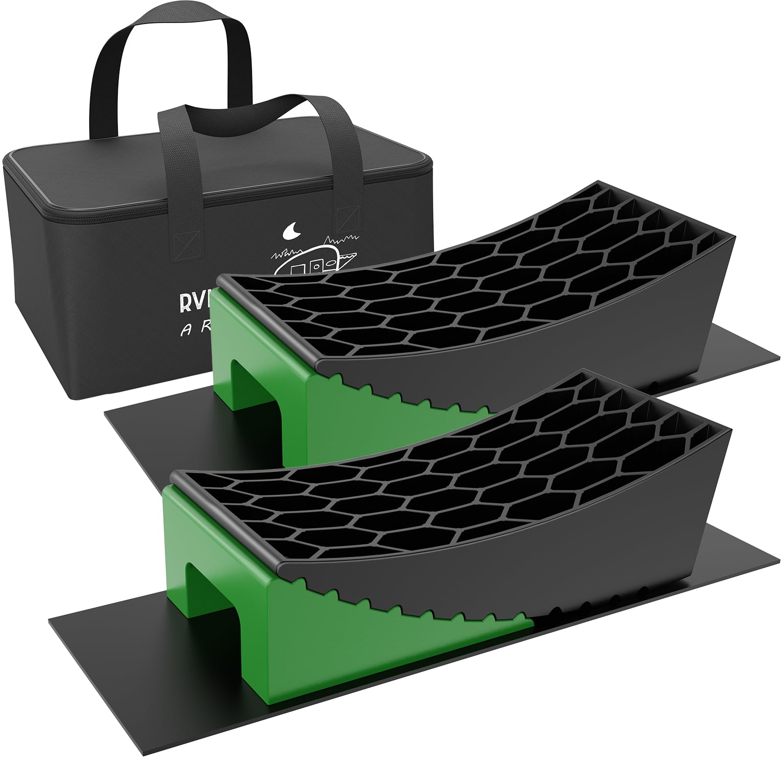 RVMATE 8-Piece Camper Leveling Kit - RV Leveling Blocks & Wheel Chocks with 2 Curved Levelers, 2 Chocks & 2 Non-Slip Rubber Mats in Storage Bag | Perfect for RV Camping, Travel Trailers & Motorhome Stabilization